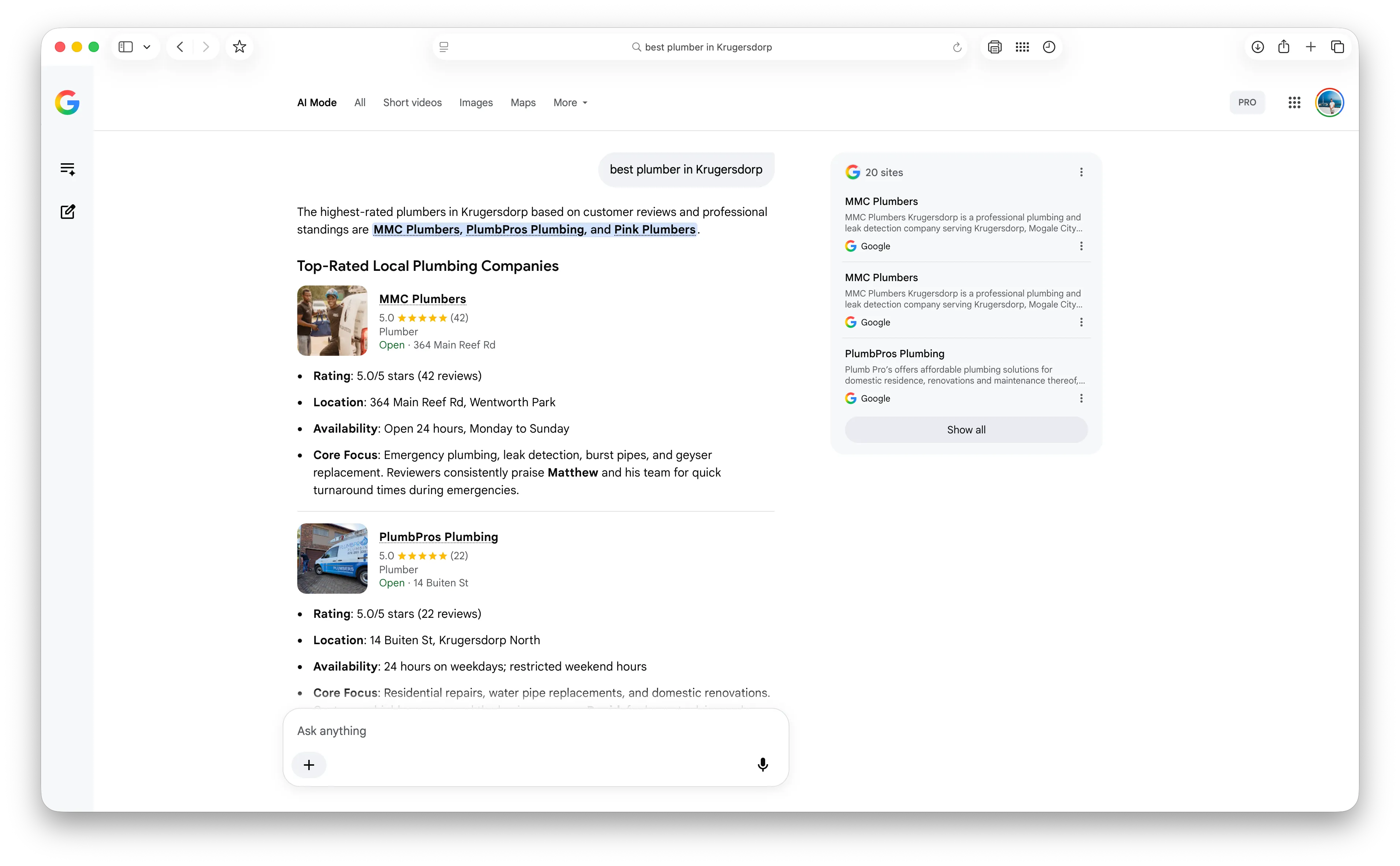 Google AI Mode answering “best plumber in Krugersdorp” on 4 August 2026. Three businesses with ratings, addresses and hours; every visible source card attributed to Google.