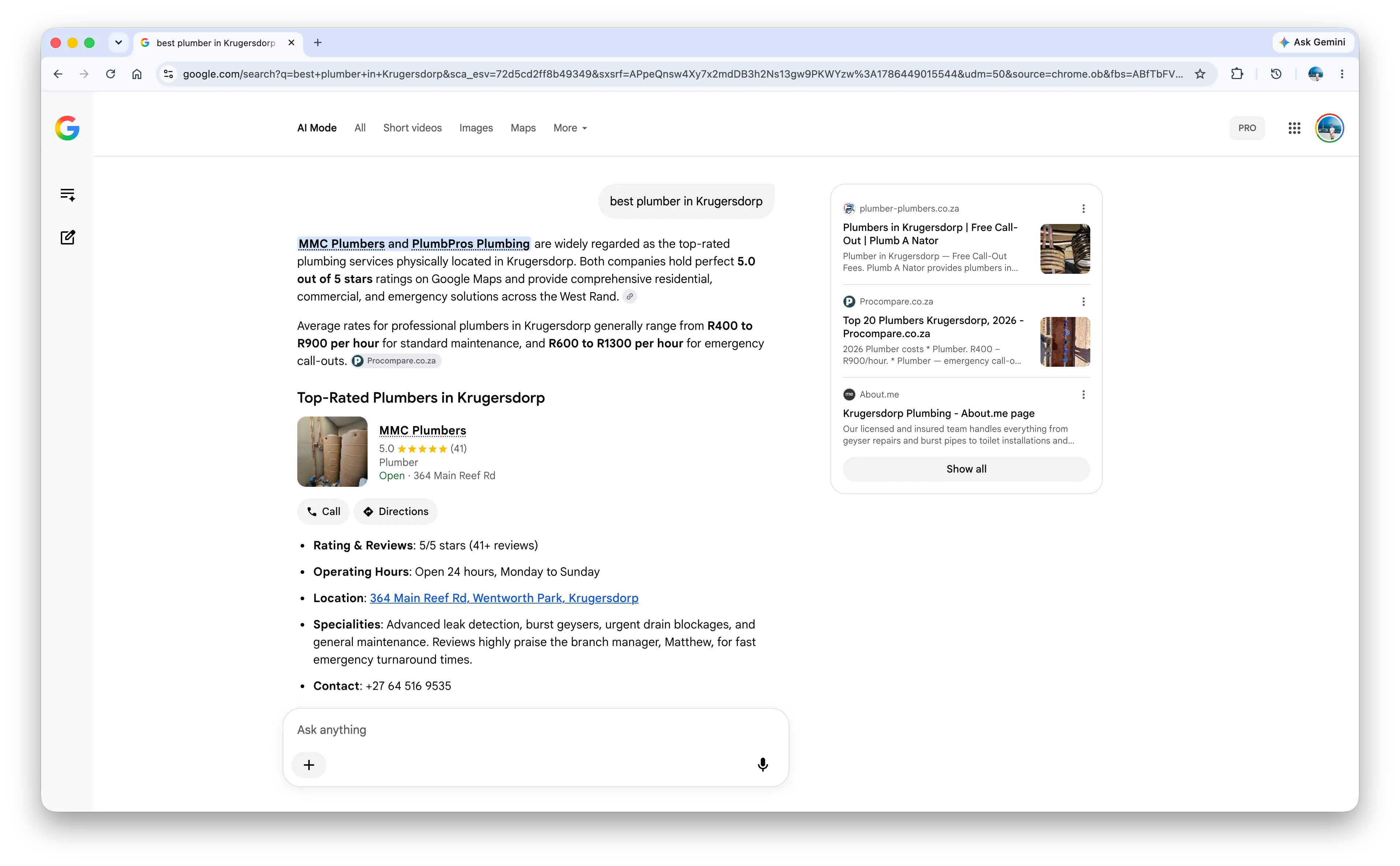 The same query on 11 August 2026. MMC and PlumbPros are still there, but the cited sources are now a company website, Procompare and About.me.