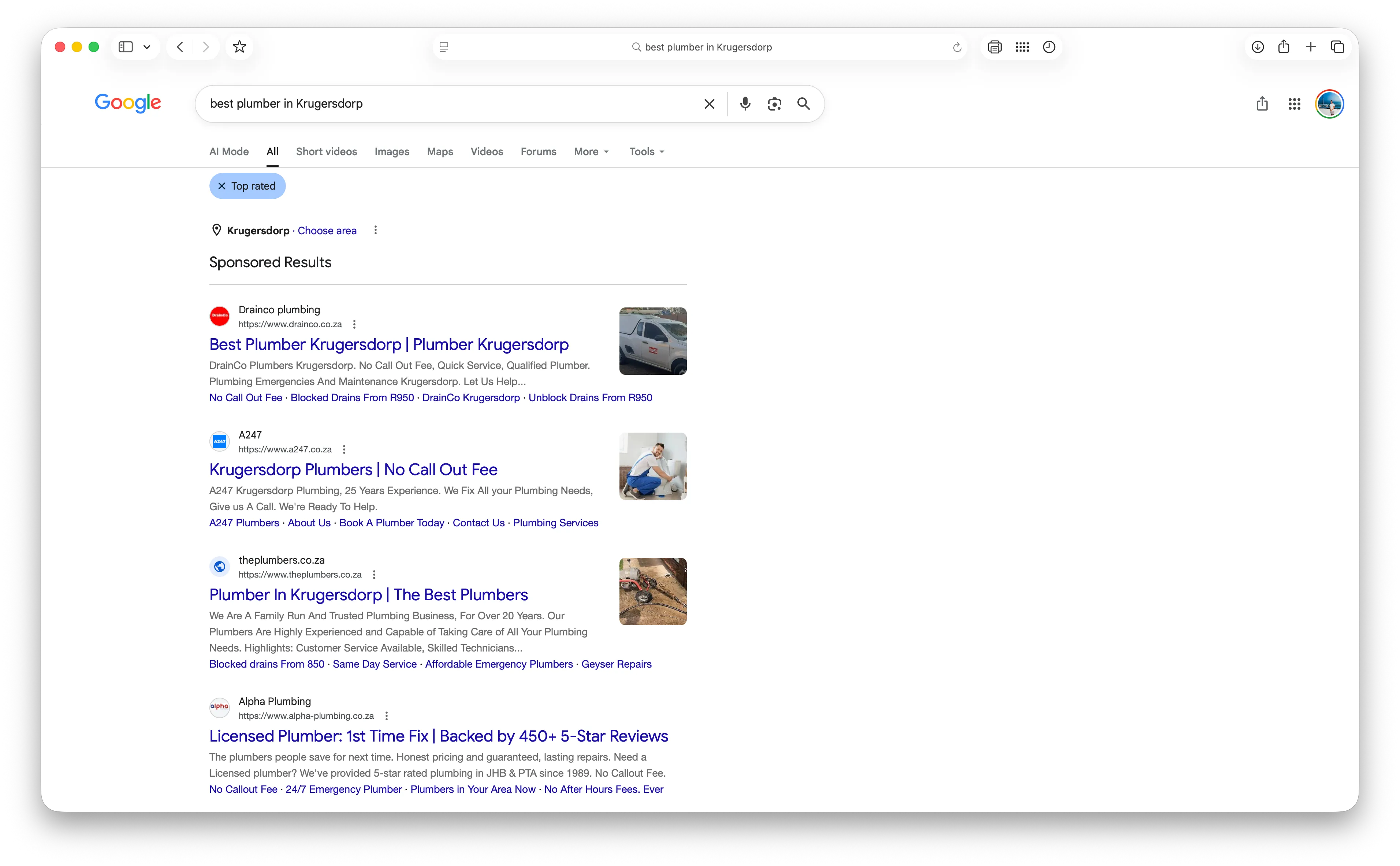 The ordinary results tab on 4 August: four sponsored results — DrainCo, A247, theplumbers.co.za and Alpha Plumbing — filling the space above the fold.